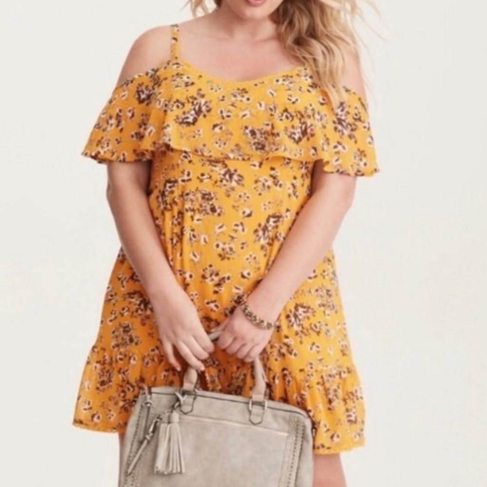 Torrid Floral Print Chiffon Cold Shoulder Trapeze Dress Yellow